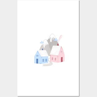 Cozy Winter Christmas Houses surrounded by mountains Posters and Art